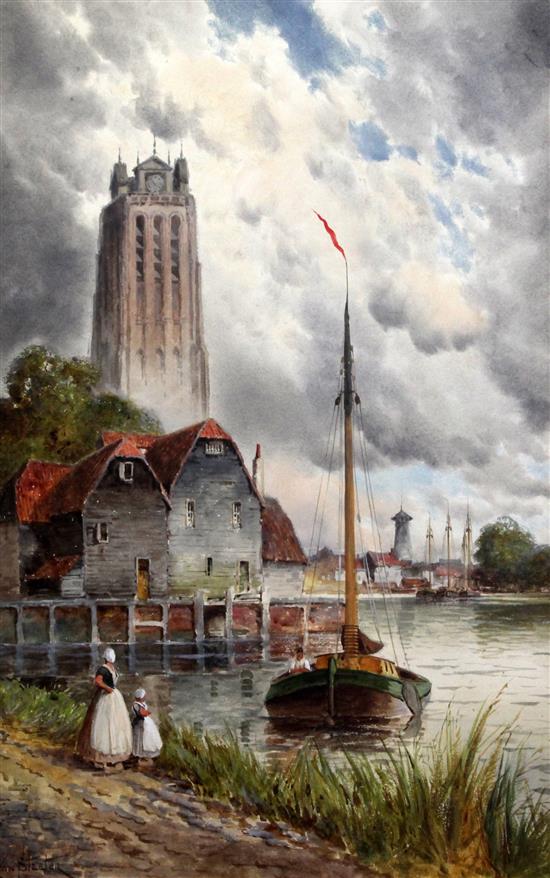 Louis van Staaten (1836-1909) Dutch canalside scenes, a pair, Papendrecht, Holland and Dordrecht, Holland 23 x 15in.